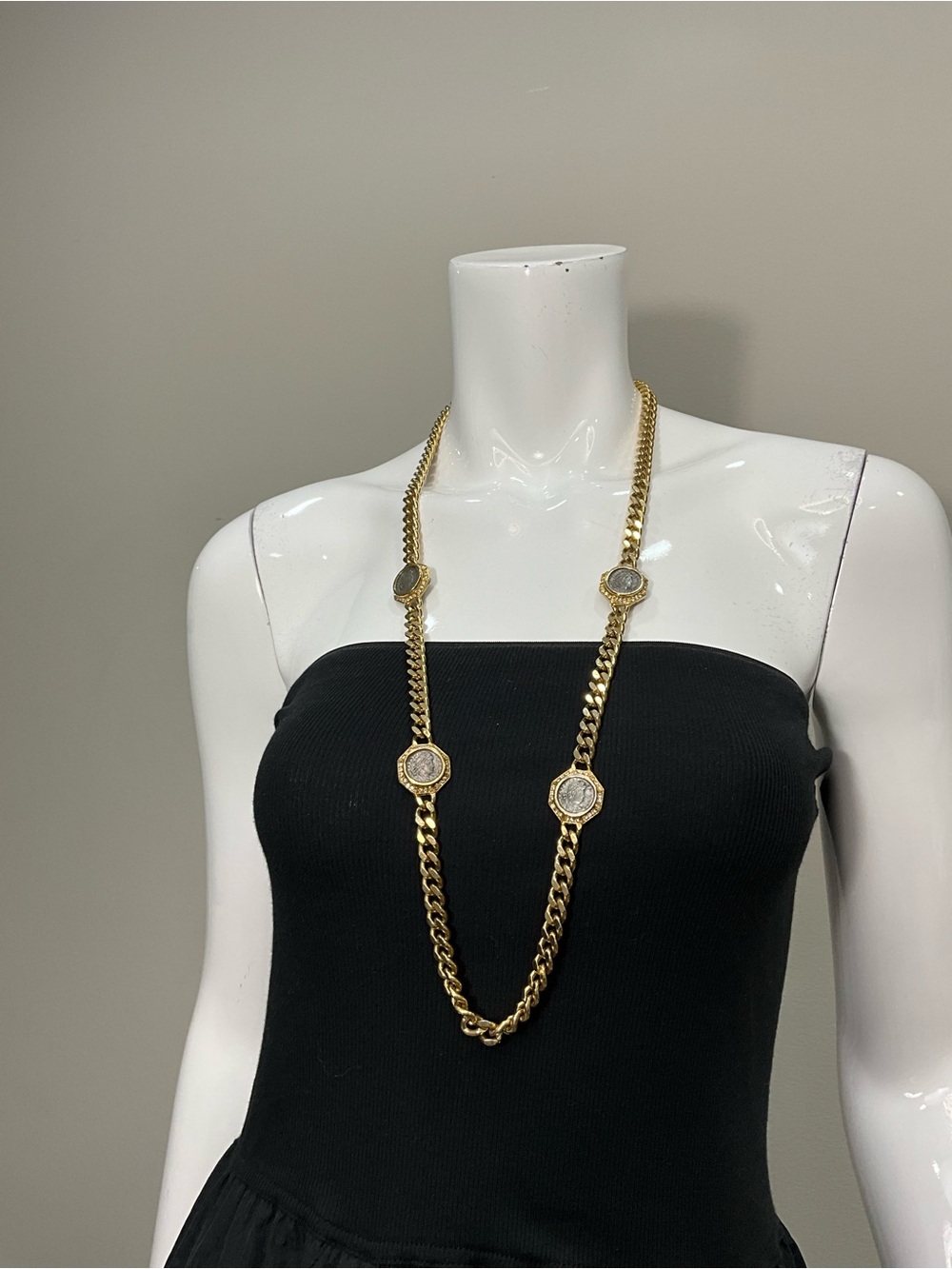 VINTAGE CINER Gold Tone Roman Coin Opera Necklace Statement Jewelry